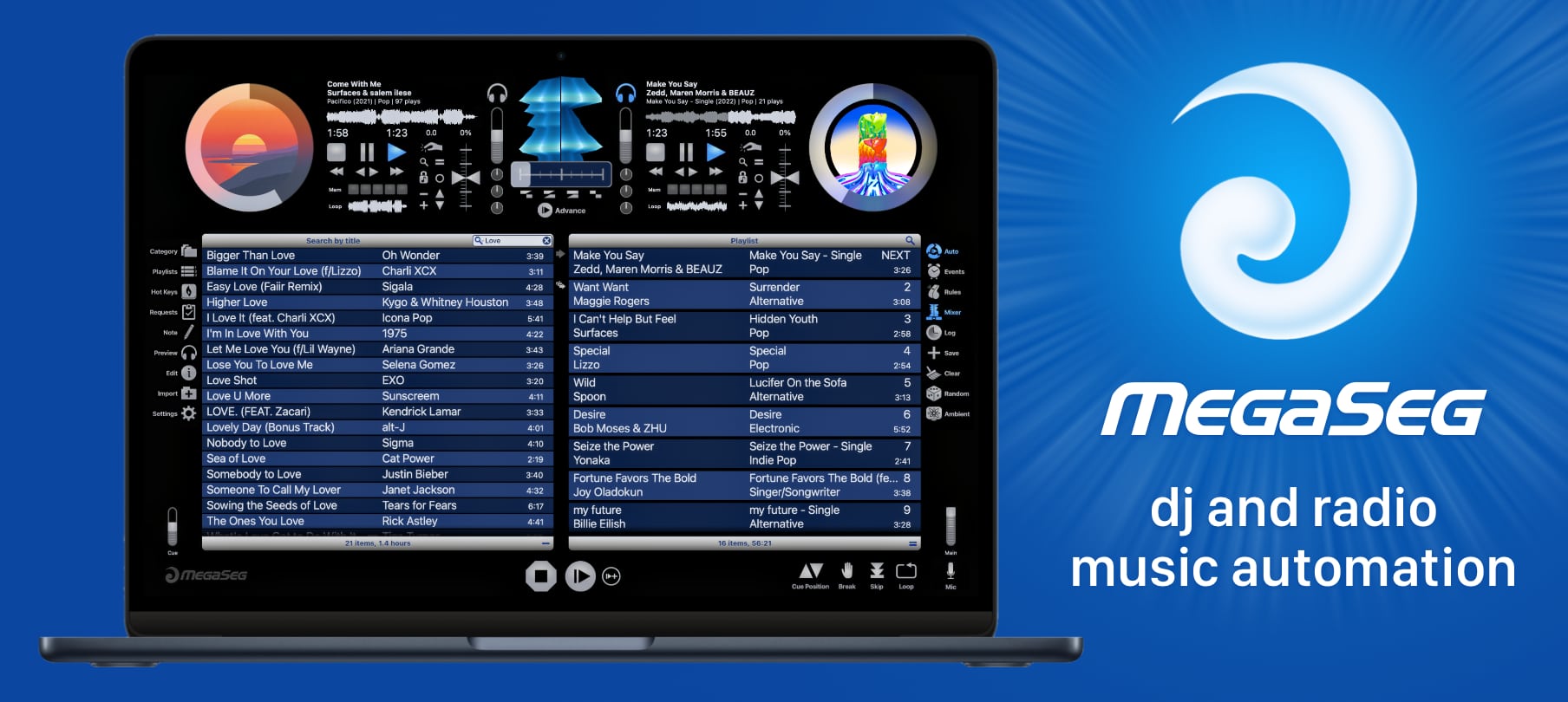 MegaSeg: Mac DJ and radio music automation playout. Featuring advanced scheduling, rules, events, requests, wave views, ambient video, and elegant library management for DJs, Radio, and Business.