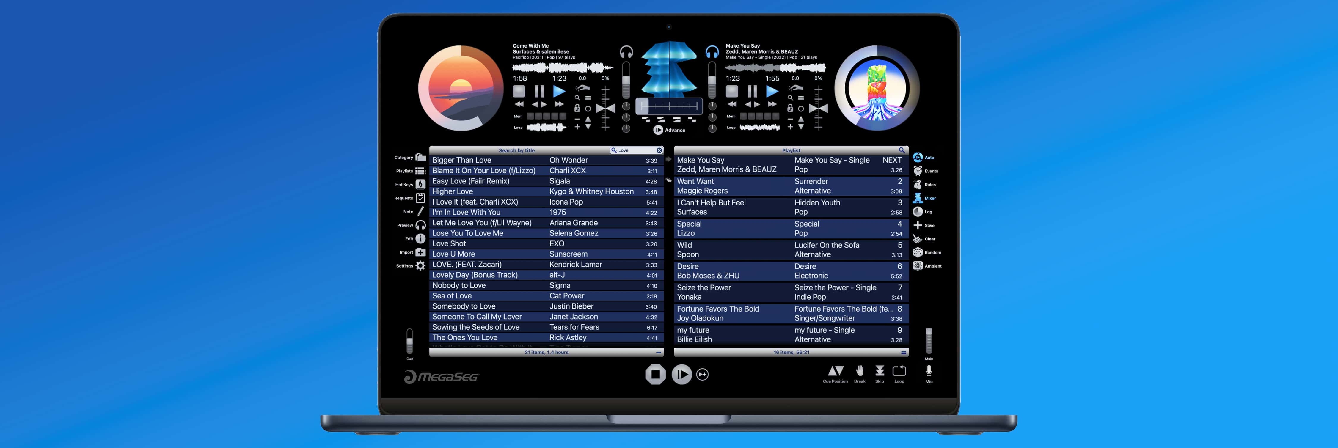 MegaSeg Pro DJ and Radio Automation software running on a MacBook Air M3 on a blue background