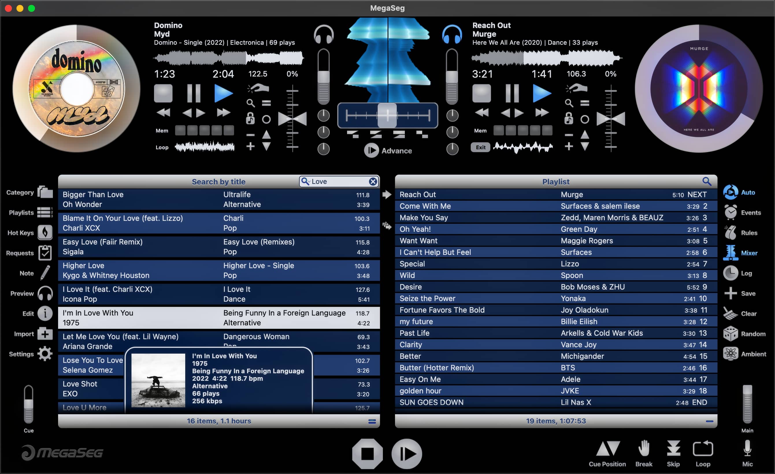 MegaSeg Pro with Mixer view open